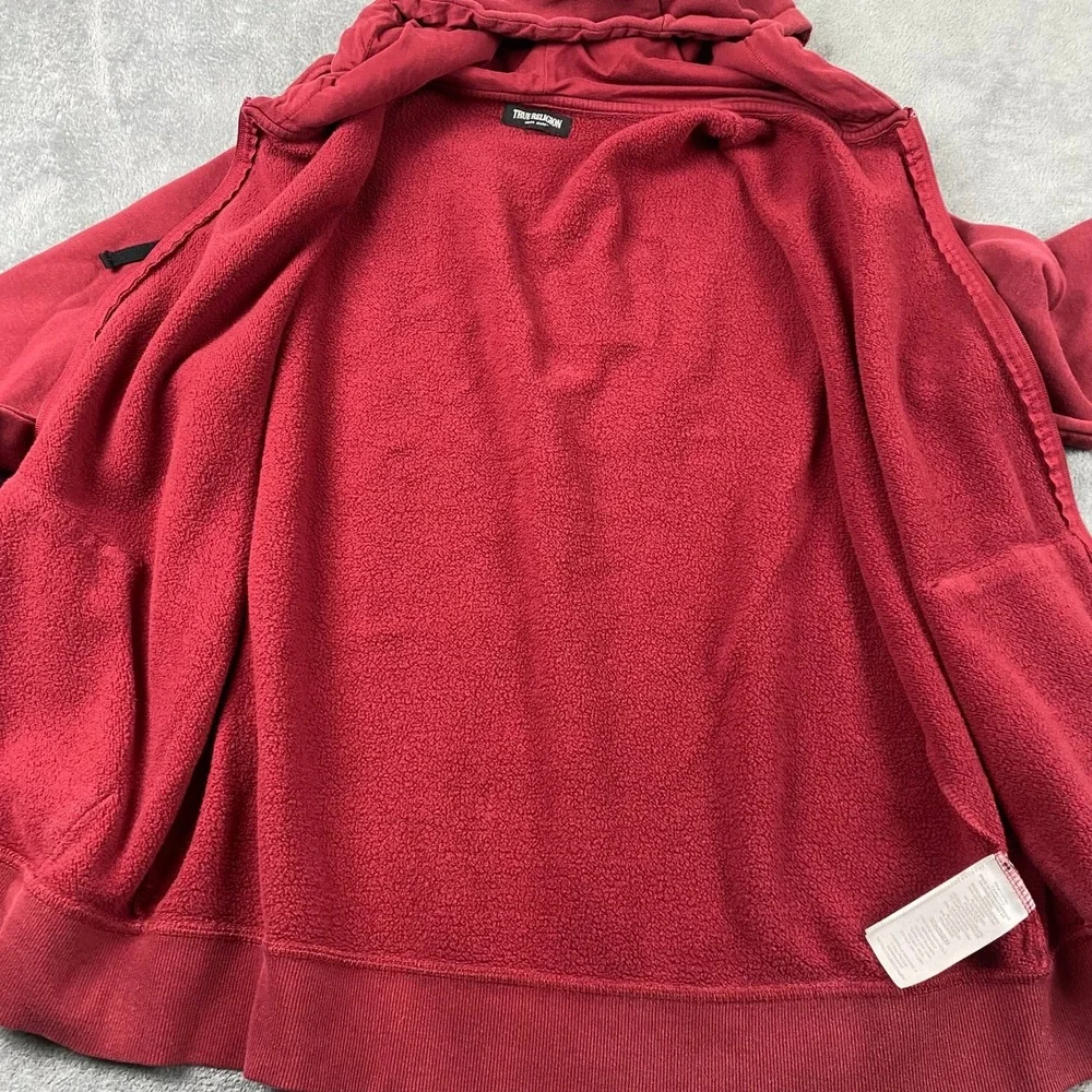 True Religion Men's XL Zip-Up Hoodie Maroon Buddha Horseshoe Graphic Sweatshirt